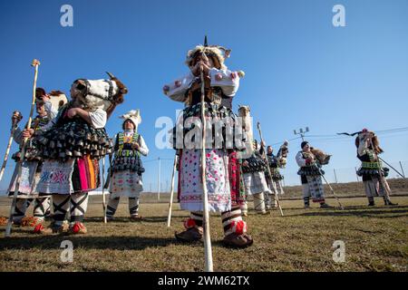 Elin Pelin, Bulgarie - 17 février 2024 : huitième édition du festival Mascarade à Elin Pelin Bulgarie. Hommes habillés en costume kuker avec des cloches en cuivre Banque D'Images