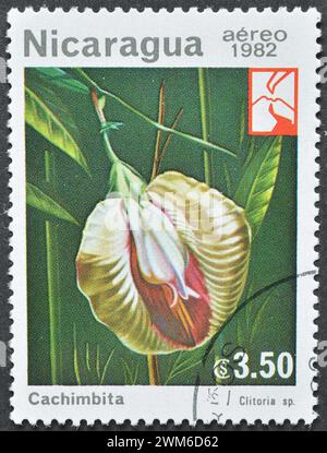 Timbre-poste oblitéré imprimé par le Nicaragua, qui montre Cachimbita (Clitoria polychrome), vers 1982. Banque D'Images