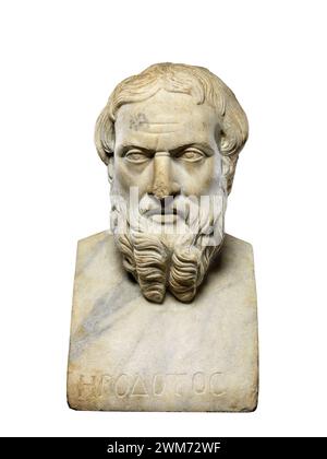 Hérodote. Buste en marbre de l'historien et géographe grec, Hérodote (c. 484 – c. 425 av. J.-C.), copie romaine, IIe siècle après JC. Exposé au met, New York Banque D'Images