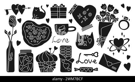 Ensemble de Saint-Valentin avec cadeau et autres éléments romantiques, vecteur de gravure sur fond blanc. Silhouette présente, bouquet de fleurs, pizza cupcake, bonbons mail. Illustration graphique Cute Love concept Illustration de Vecteur