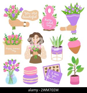 Ensemble printemps d'éléments pour le 8 mars : bouquet, fille, enveloppe, lettrage. Éléments de dessin animé plat dessinés à la main sur fond blanc. Illustration vectorielle Illustration de Vecteur