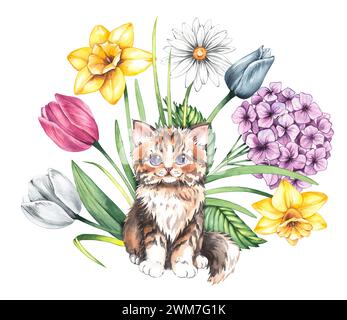 Chaton mignon à l'aquarelle dans des fleurs de printemps. Chaton isolé avec un bouquet de fleurs dessiné à la main sur un fond blanc pour les produits pour enfants, déco de vacances Banque D'Images