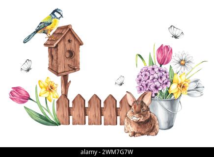 Composition de source d'aquarelle avec nichoir, titmouse et lapin dans des fleurs de printemps. Printemps isolé avec bouquet de fleurs dessiné à la main sur un backgro blanc Banque D'Images