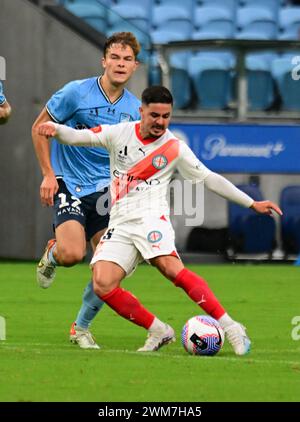 Parramatta, Australie. 24 février 2024. Marco Tilio du Melbourne City FC est vu en action lors du match de la saison 18 de la A-League masculine 2023/24 entre le Sydney FC et le Melbourne City FC qui se tient au CommBank Stadium. Score final ; Sydney FC 1:1 Melbourne City FC. (Photo Luis Veniegra/SOPA images/SIPA USA) crédit : SIPA USA/Alamy Live News Banque D'Images