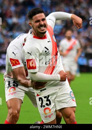 Parramatta, Australie. 24 février 2024. Marco Tilio du Melbourne City FC est vu en action lors du match de la saison 18 de la A-League masculine 2023/24 entre le Sydney FC et le Melbourne City FC qui se tient au CommBank Stadium. Score final ; Sydney FC 1:1 Melbourne City FC. (Photo Luis Veniegra/SOPA images/SIPA USA) crédit : SIPA USA/Alamy Live News Banque D'Images