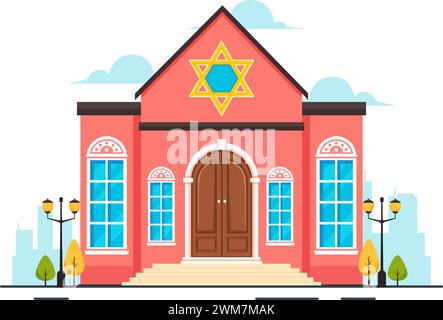 Bâtiment de synagogue ou Temple juif illustration vectorielle avec religieux, hébreu ou judaïsme et lieu de culte juif en fond de dessin animé plat Illustration de Vecteur