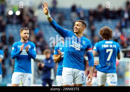 Glasgow, Royaume-Uni. 24 février 2024. Les Rangers FC ont joué au Heart of Midlothian FC lors d'un match de premier rang écossais au Ibrox Stadium, Glasgow, Écosse, Royaume-Uni. À ce moment-là, les Rangers sont en première place de la ligue et à 2 points d'écart de leurs rivaux les plus proches, le Celtic. Les coeurs sont assis troisième, donc c'est un jeu important pour les deux équipes. Crédit : Findlay/Alamy Live News Banque D'Images