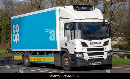 Milton Keynes, UK-Feb 24th 2024 : 2018 camion Scania P250 livrant pour la Co Op conduite sur une route anglaise Banque D'Images