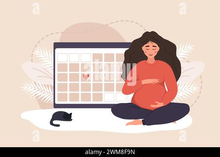 Femme enceinte en position lotus embrasse son ventre. Personnage féminin attendant bébé. Fille heureuse assise près d'un grand calendrier. Concept de grossesse. Vecteur Illustration de Vecteur