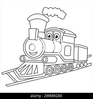 Livre de coloriage train pour enfants. Train à vapeur de dessin animé sur chemin de fer. Illustration de locomotive. Transport ferroviaire amusant Illustration de Vecteur