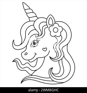 Page de coloration de la tête de mignon licorne. Illustration de licorne magique pour les enfants. Illustration vectorielle d'Un beau personnage de licorne de dessin animé Illustration de Vecteur