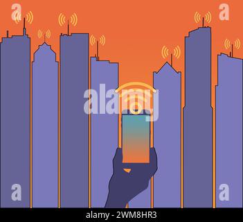 Les signaux et les ondes provenant de nombreuses sources sont transmis vers et depuis les antennes partout. Ici, un téléphone portable est vu avec un paysage urbain et des tours cellulaires dans le Banque D'Images