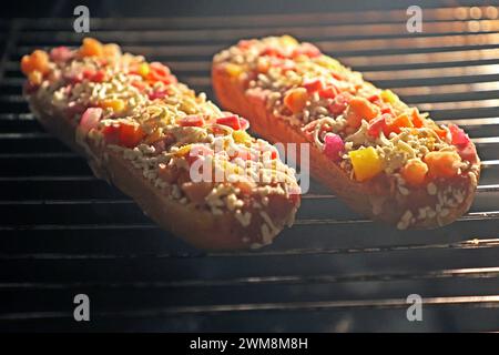 Tiefkühlkost und Gesundheit Schinken baguettes mit gekochtem Schinken und Edamer als Fertiggericht für die schnelle Küche in einem Backofen *** aliments surgelés et santé baguettes au jambon cuit et fromage Edam comme un repas prêt à cuire dans un four Banque D'Images