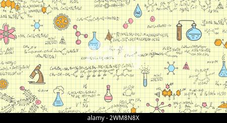 Formules chimiques scolaires .Notebook papier scolaire.arrière-plan des formules manuscrites.lettres et chiffres .illustration vectorielle. Illustration de Vecteur