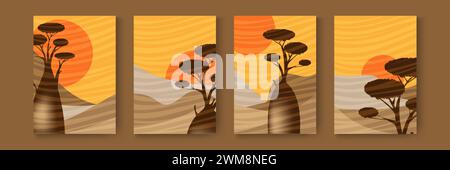 Set carte de boabs et paysage abstrait. Baobab sur le modèle de silhouette de paysages sauvages du désert. Les bannières verticales pondent la texture avec le motif Illustration de Vecteur