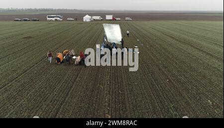 L'équipe de tournage prépare une scène dans le champ de recadrage. Tir de drone aérien hivernal brumeux. Banque D'Images