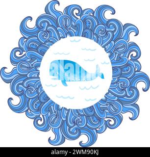 Aquarelle mignonne baleine dans le cadre des vagues rondes. Illustration vectorielle Illustration de Vecteur