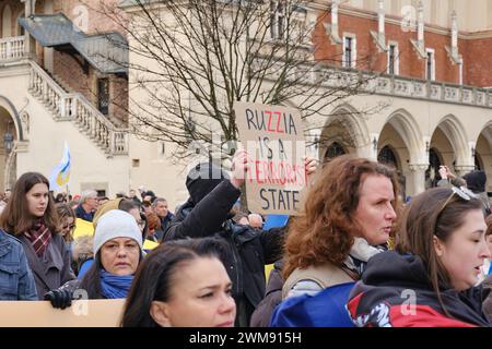 CRACOVIE, POLOGNE - 24 FÉVRIER 2024 : rassemblement contre la guerre de la Russie avec l'Ukraine. Banque D'Images