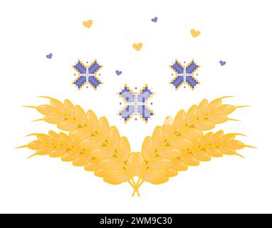 Oreilles de blé, fleurs de broderie et coeurs, impression ukrainienne vectorielle dans les couleurs jaune et bleue Illustration de Vecteur
