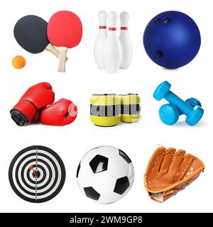 Balles et autres équipements sportifs isolés sur blanc, ensemble Banque D'Images