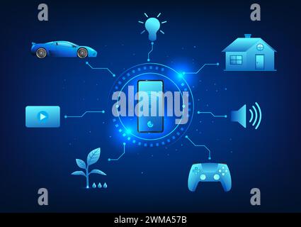 Internet des objets technologie IoT connectée aux smartphones contrôlez le fonctionnement des appareils domestiques dans une maison intelligente. C'est un système connecté au clou Illustration de Vecteur