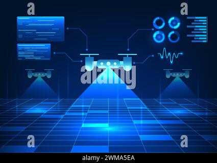 Technologie de drone intelligent qui utilise des drones pour inspecter des zones à la fois l'agriculture, l'arpentage, le tournage, la livraison de produits, les drones qui scannent la zone et Illustration de Vecteur