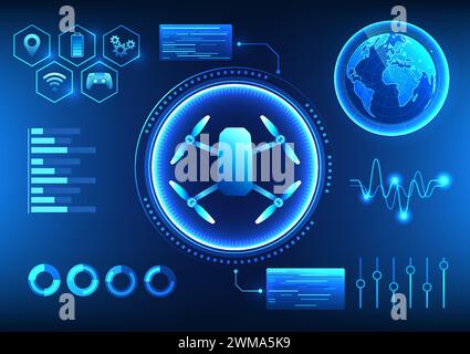 Technologie de drone intelligent qui utilise des drones pour inspecter des zones à la fois l'agriculture, l'arpentage, le tournage et la livraison de produits sont des écrans qui contrôlent l'opéra Illustration de Vecteur