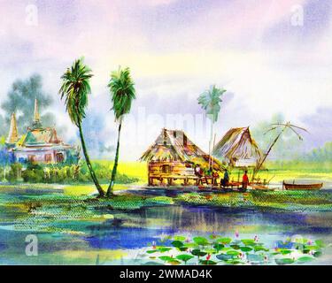 peint à la main original impressionnisme chefs-d'œuvre peintre art contemporain aquarelle peinture rurale thaïlande paysage campagne Banque D'Images