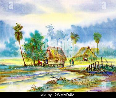 peint à la main original impressionnisme chefs-d'œuvre peintre art contemporain aquarelle peinture rurale thaïlande paysage campagne Banque D'Images