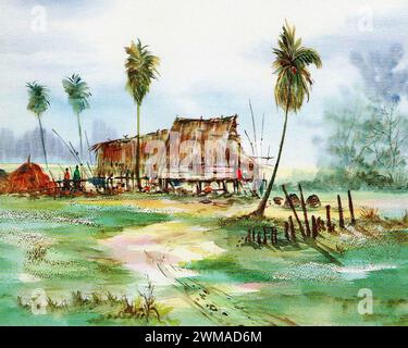 peint à la main original impressionnisme chefs-d'œuvre peintre art contemporain aquarelle peinture rurale thaïlande paysage campagne Banque D'Images