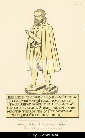 Laiton monumental d'Anthony Pettow, yeoman élisabéthain, marié à Frauncis Bishope, décédé en 1610. En col à volants, cape, doublet et culottes, dans l'église Holy Trinity, Middleton, Suffolk. Gravure sur cuivre teintée dessinée, gravée et publiée par John Sell Cotman dans gravures of the Most remarquable of the Sepulchral Brasses in Suffolk, Henry Bohn, Londres, 1818. Banque D'Images