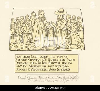 Cuivres monumentaux d'Edmond Chapman alias Barker, gentleman, décédé en 1626 à l'âge de 64 ans. Avec sa femme Maryan Vesey, huit fils et cinq filles. Famille agenouillée devant un autel en prière dans l'église Saint-Pierre, Sibton, Suffolk. Gravure sur cuivre teintée dessinée, gravée et publiée par John Sell Cotman dans gravures of the Most remarquable of the Sepulchral Brasses in Suffolk, Henry Bohn, Londres, 1818. Banque D'Images