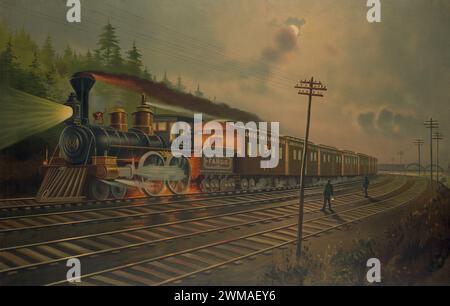 Illustration vintage - scène de nuit sur le New York Central Railroad., train express spécial de la société American Express, JW Pratt Co, c 1884 Banque D'Images
