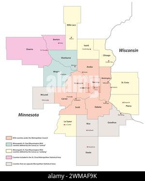 Carte administrative de la région métropolitaine Minneapolis-Saint Paul, Minnesota, Wisconsin, États-Unis Banque D'Images