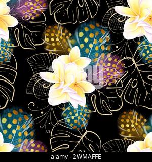 Motif aquarelle sans couture avec des fleurs de frangipania blanches tropicales, des plumes colorées et des feuilles de monstera dorées sur un fond noir. Design luxueux Banque D'Images