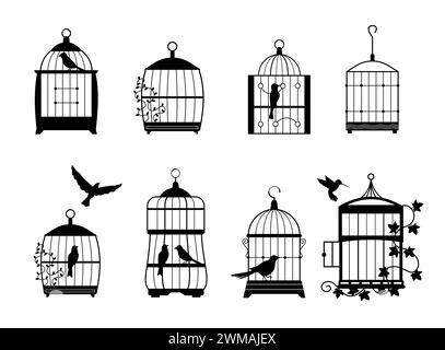 Autocollants muraux noirs avec des oiseaux volants dans la collection de cages Illustration de Vecteur