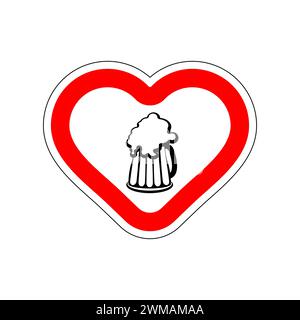 J'adore la bière. J'aime l'alcool. Panneau rouge en forme de coeur. Symbole de l'amour sur la route et tasse de bière Illustration de Vecteur