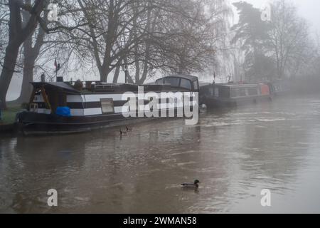 Windsor, Berkshire, Royaume-Uni. 25 février 2024. Brouillard au bord de la Tamise. C'était un matin brumeux pour la première fois à Windsor, Berkshire aujourd'hui, mais le soleil a rapidement brûlé le brouillard et la brume loin. Crédit : Maureen McLean/Alamy Live News Banque D'Images