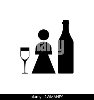 Signe de l'alcoolisme féminin. Icône fille et bouteille d'alcool. Illustration conceptuelle de logo femme et vin. Maladie incurable chez la femme Illustration de Vecteur