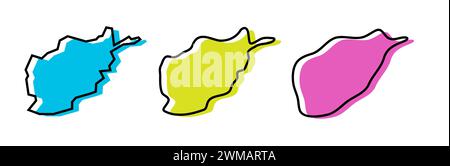 Contour noir de pays d'Afghanistan et silhouettes de pays colorées dans trois niveaux différents de douceur. Cartes simplifiées. Icônes vectorielles isolées sur fond blanc. Illustration de Vecteur