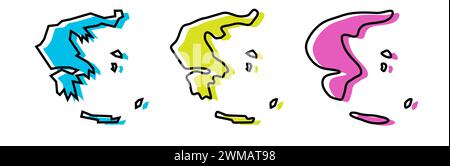 Contour noir de pays de Grèce et silhouettes de pays colorées dans trois niveaux différents de douceur. Cartes simplifiées. Icônes vectorielles isolées sur fond blanc. Illustration de Vecteur