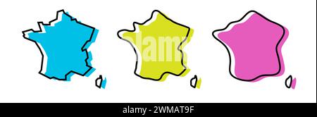 Contour noir pays France et silhouettes pays colorées dans trois niveaux différents de douceur. Cartes simplifiées. Icônes vectorielles isolées sur fond blanc. Illustration de Vecteur