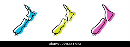 Contour noir de pays de Nouvelle-Zélande et silhouettes de pays colorées dans trois niveaux différents de douceur. Cartes simplifiées. Icônes vectorielles isolées sur fond blanc. Illustration de Vecteur