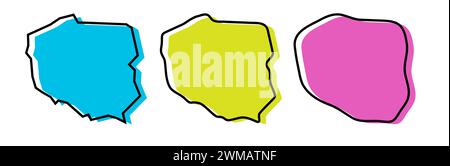 Pologne contour noir de pays et silhouettes de pays colorées dans trois niveaux différents de douceur. Cartes simplifiées. Icônes vectorielles isolées sur fond blanc. Illustration de Vecteur