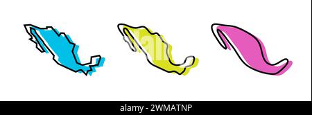 Contour noir de pays du Mexique et silhouettes de pays colorées dans trois niveaux différents de douceur. Cartes simplifiées. Icônes vectorielles isolées sur fond blanc. Illustration de Vecteur