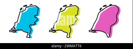 Contour noir pays-Bas et silhouettes de pays colorées dans trois niveaux différents de douceur. Cartes simplifiées. Icônes vectorielles isolées sur fond blanc. Illustration de Vecteur