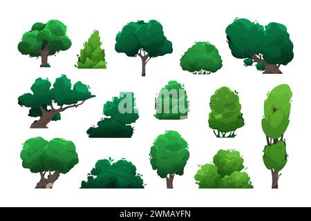 Arbres et buissons de dessins animés. Arbustes verts et arbres à feuilles caduques pour l'aménagement paysager du parc, plantez des topiaires avec du feuillage. Ensemble isolé de vecteur Illustration de Vecteur