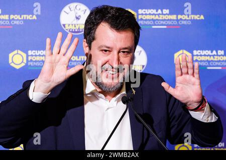 Roma, Italie. 25 février 2024. Foto Roberto Monaldo/LaPresse25-02-2024 Roma Politica Scuola di formazione politica della Lega Nella foto Matteo Salvini 25-02-2024 Rome (Italie) Politica Lega école de formation politique dans la photo Matteo Salvini crédit : LaPresse/Alamy Live News Banque D'Images