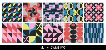 Ensemble d'affiches géométriques minimalistes avec motif vectoriel minimal simple. Abstrait façonne les arrière-plans dans un style brutaliste moderne. Motifs bauhaus tendance avec des éléments rétro, des figures contemporaines, des formes audacieuses Illustration de Vecteur