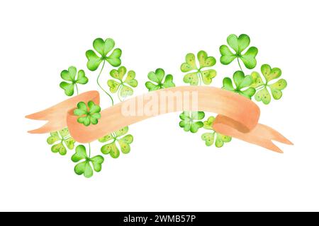 Ruban marron pour le texte avec feuilles de trèfle pour les préparations Patrick's Day.illustration aquarelle et marqueur. Bande isolée dessinée à la main pour Banner.Botanical Banque D'Images